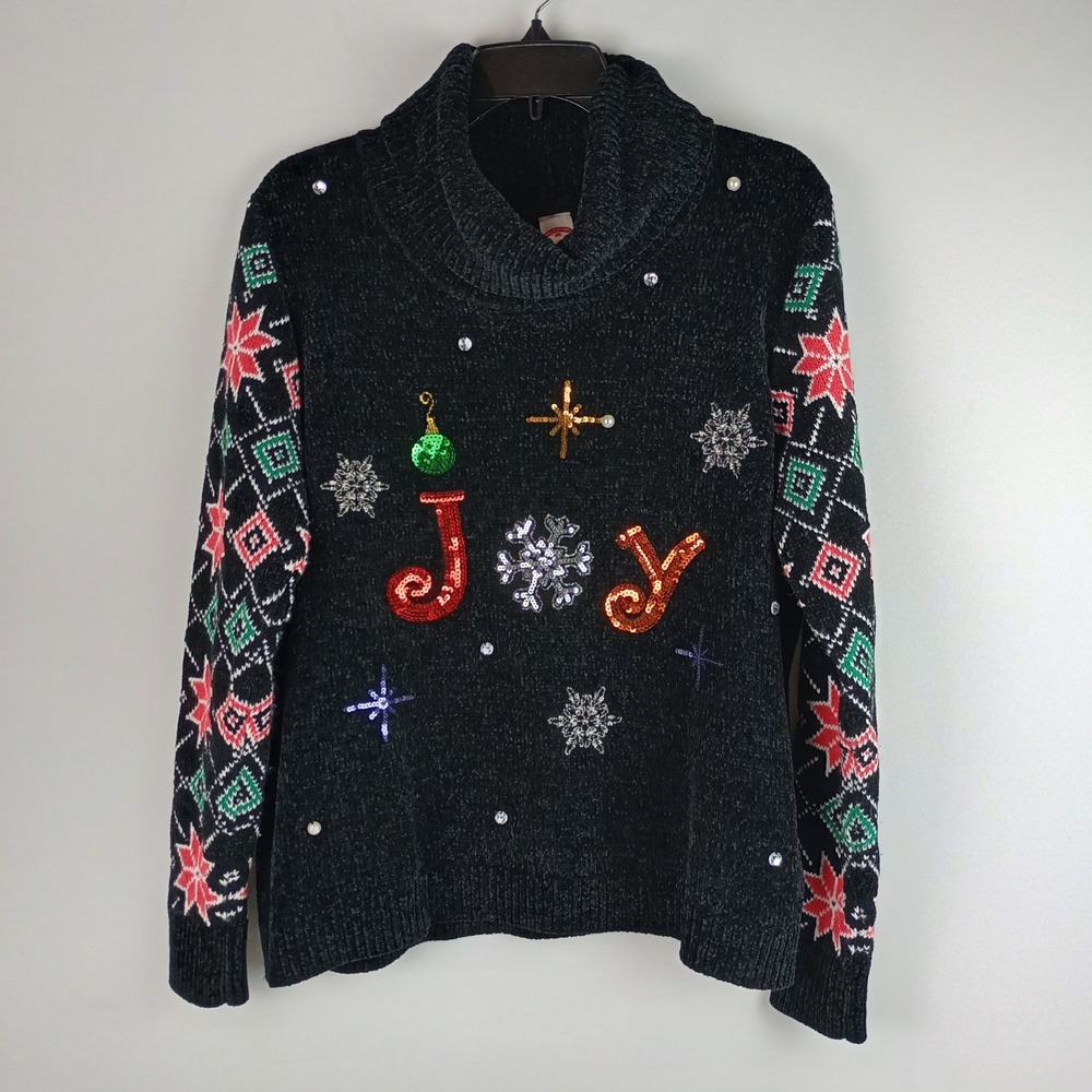 Holiday Time Womens XL Black Sequin Snowflake Joy Chenille Cowl Neck Sweater